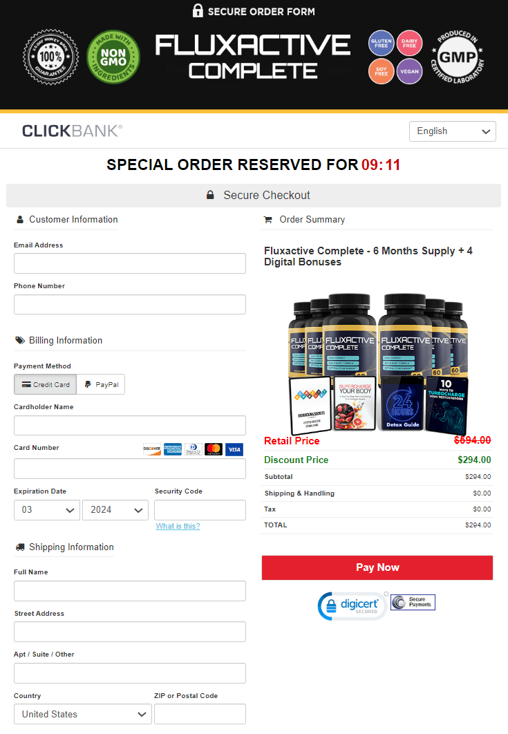 Fluxactive Complete order page